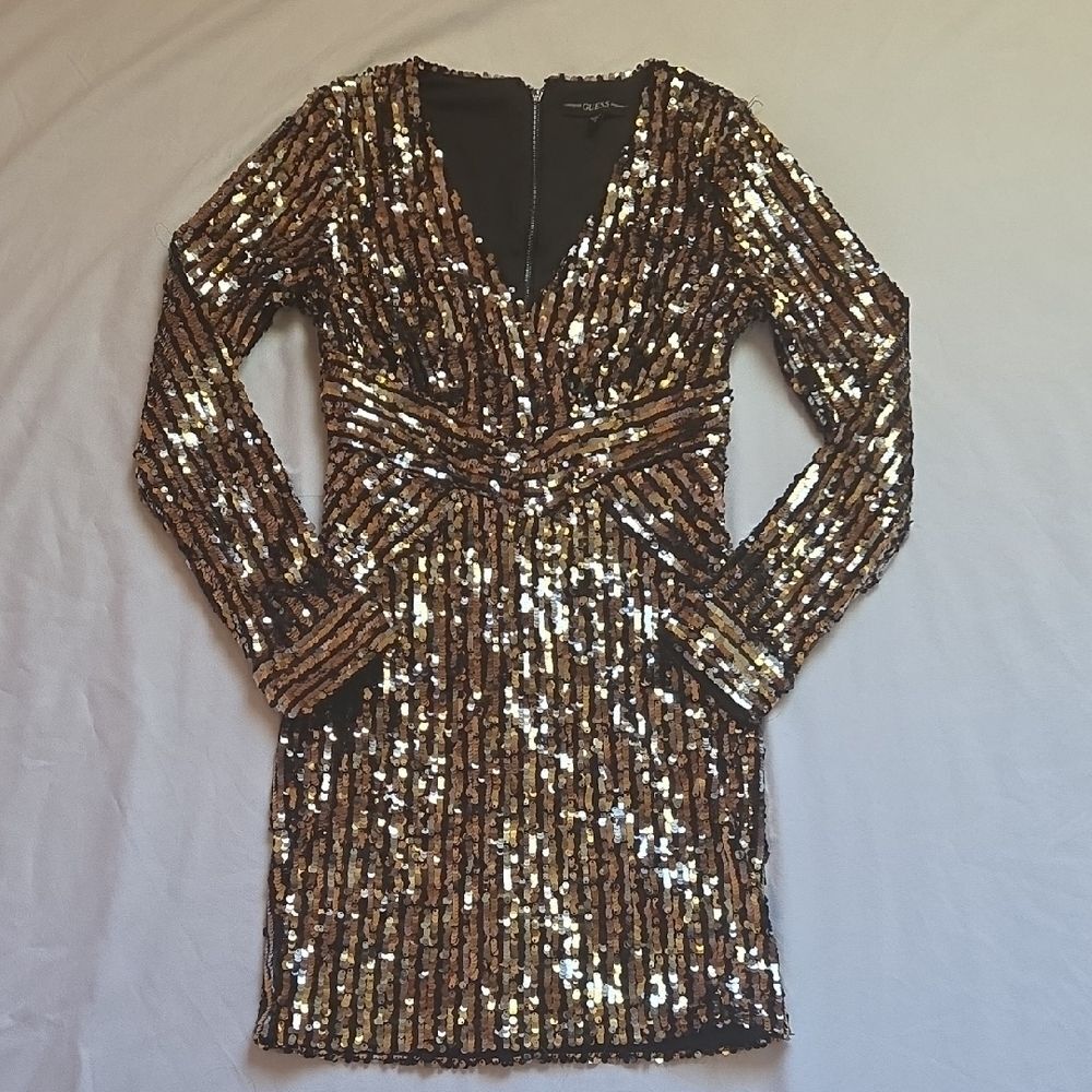 Guess Long Sleeve Black Gold And Silver Sequin Cocktail Dress Size Small